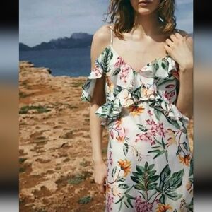 H&M Flounced Open-shoulder Floral Midi Dress Size XS